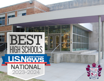 Photo of Berkley High School main entrance, with the U.S. News & World Report logo for Best High Schools on top of the photo.