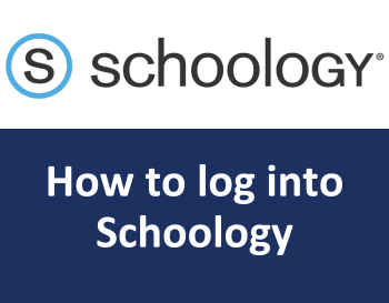 Schoology logo (black S in a blue circle) above the text: How to log into Schoology