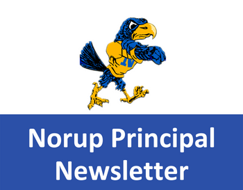 Text: Norup principal newsletter  Image: Norup Logo, a royal blue hawk wearing a yellow sweater with a blue 
