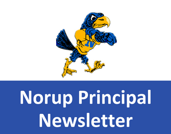 Text: Norup Principal Newsletter Image: Norup Logo, a royal blue hawk wearing a yellow sweater with a blue 