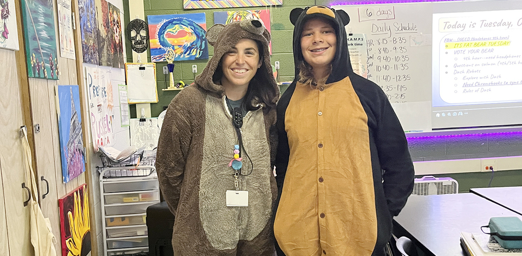 Student and teacher dressed as bears for Fat Bear Week
