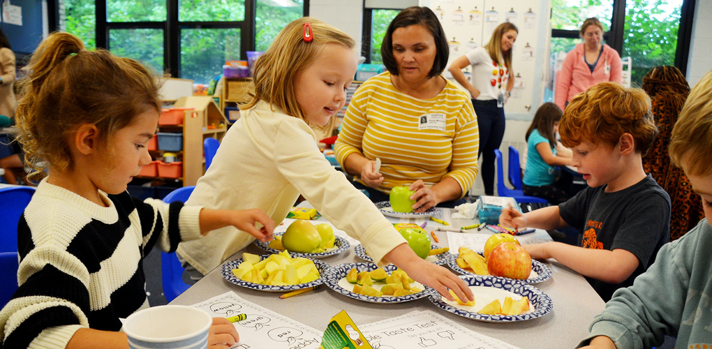 Burton Elementary students cutting apples on Apple Day