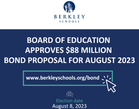 Board of Education approves $88 million Bond proposal for August 2023. www.berkleyschools.org/bond. Election date: August 8, 2023.
