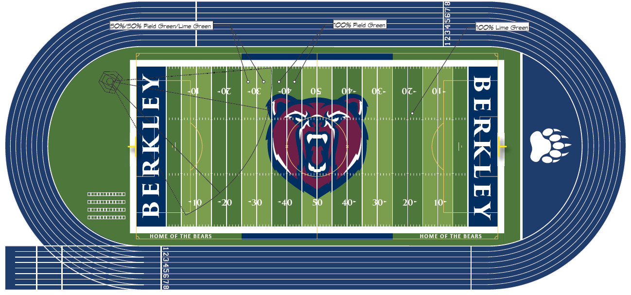 Rendering of a football field with a large bear head drawing in the center.