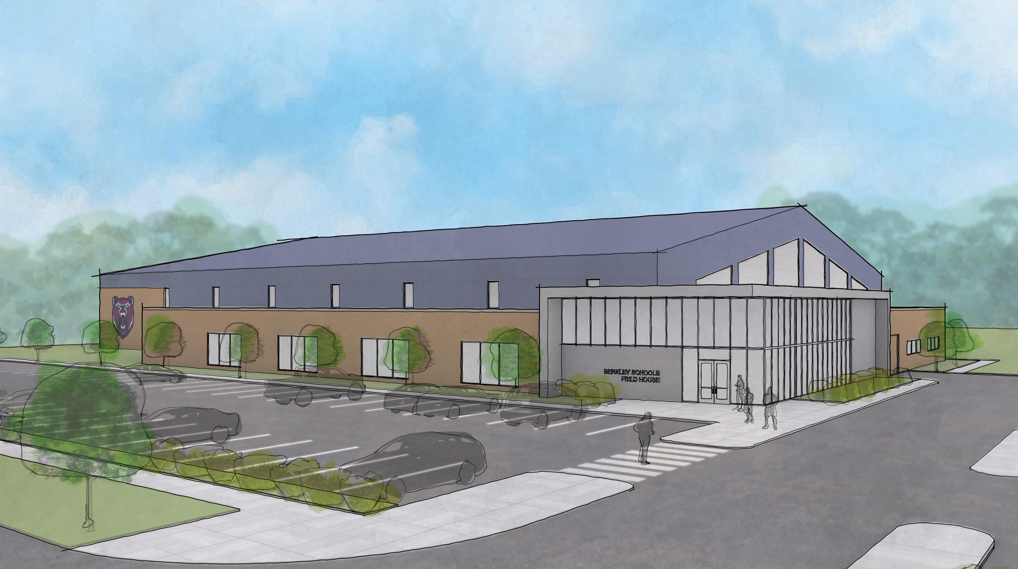 Architectural conceptual rendering of a 75-yard indoor practice field house.