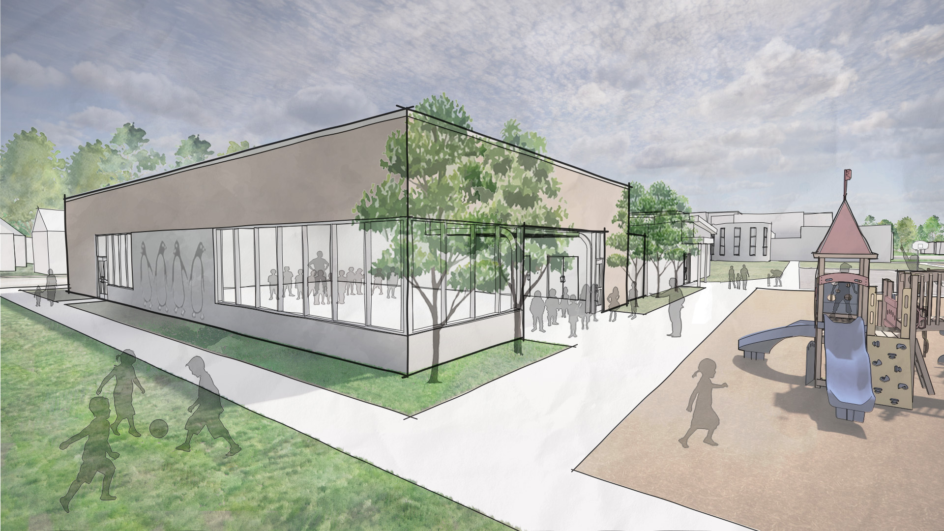 Architecture rendering of a conceptual multi-purpose cafeteria addition at an elementary school.