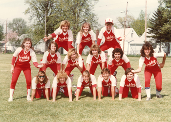 1980s BHS softball team stacked in a pyramid